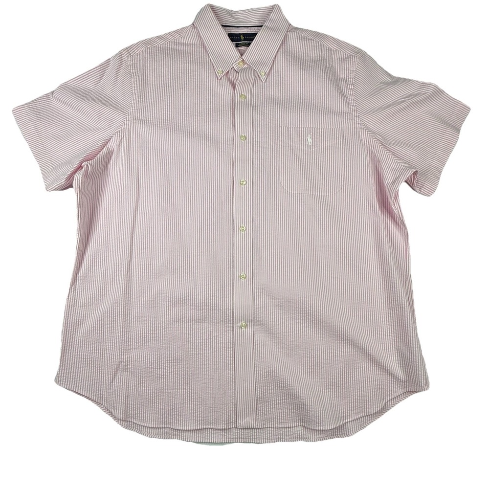 Ralph Lauren Performance Pink Striped Seersucker Short Sleeve Button Down XXL